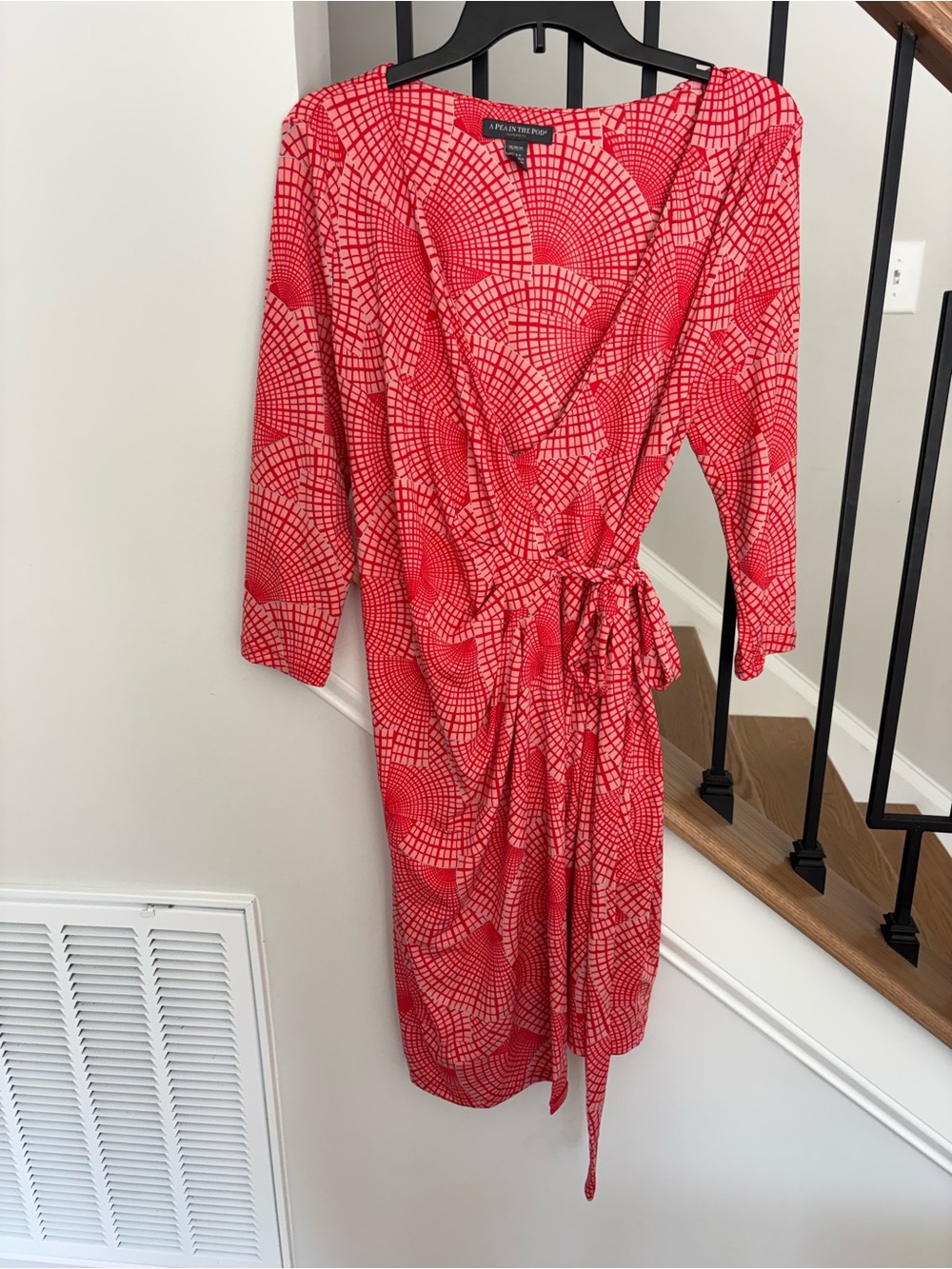 A Pea in the Pod Red and Light Pink Wrap Dress- medium maternity